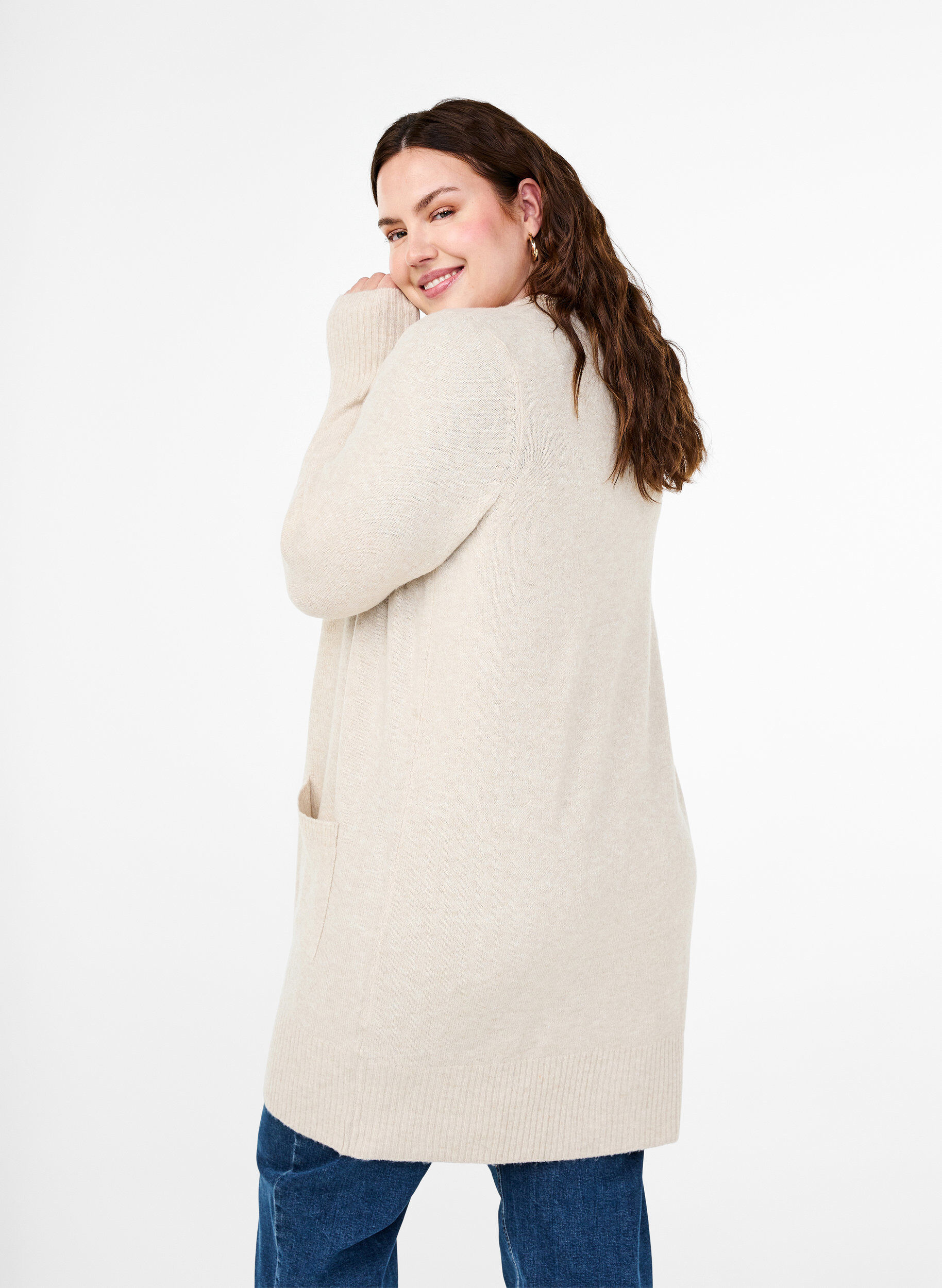 ZizzifashionRibbed Knit Cardigan with Pockets, Beige, Model image number 2