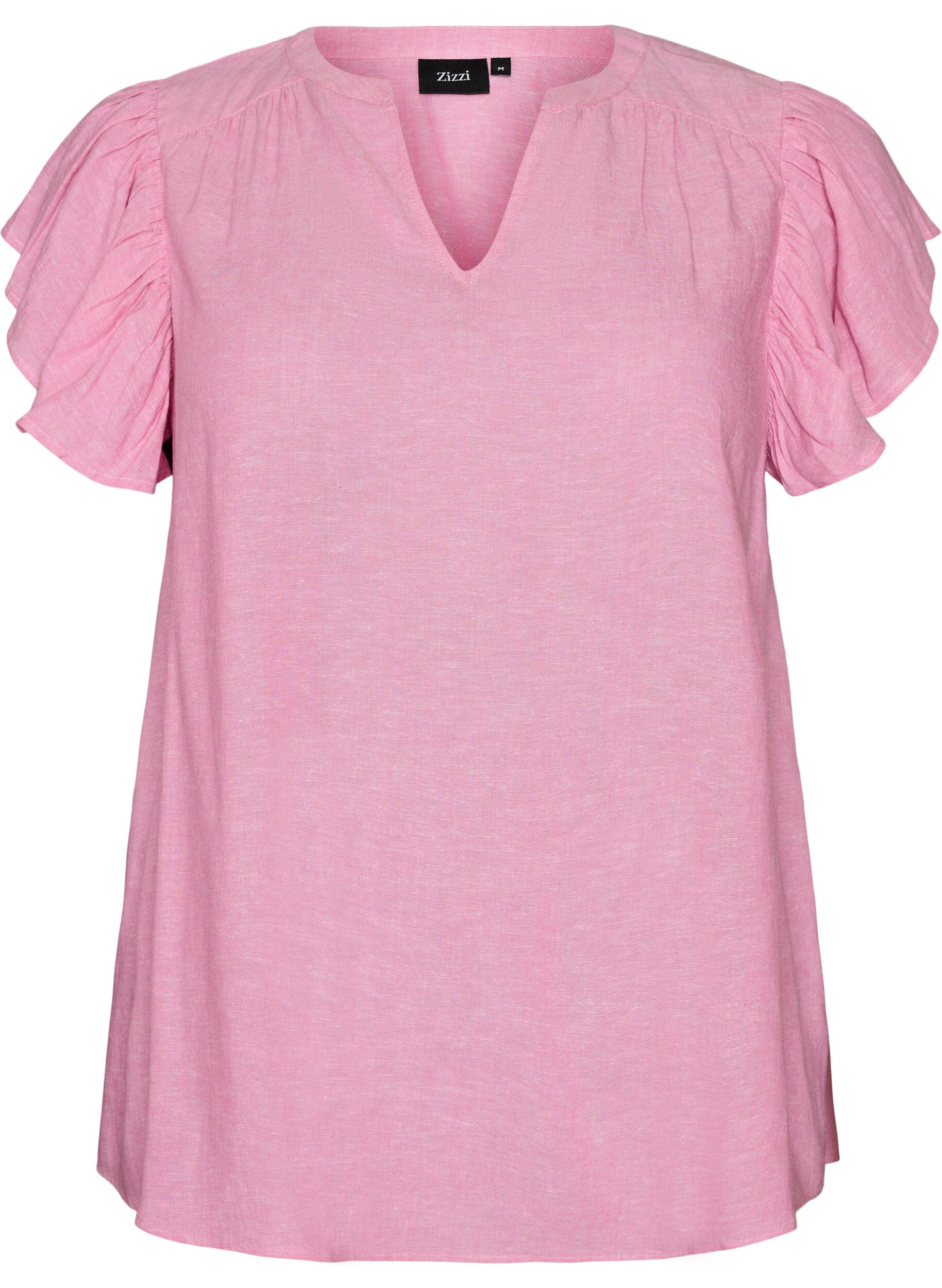 ZizzifashionViscose and linen blouse with ruffle sleeves, Pink, Packshot image number 0