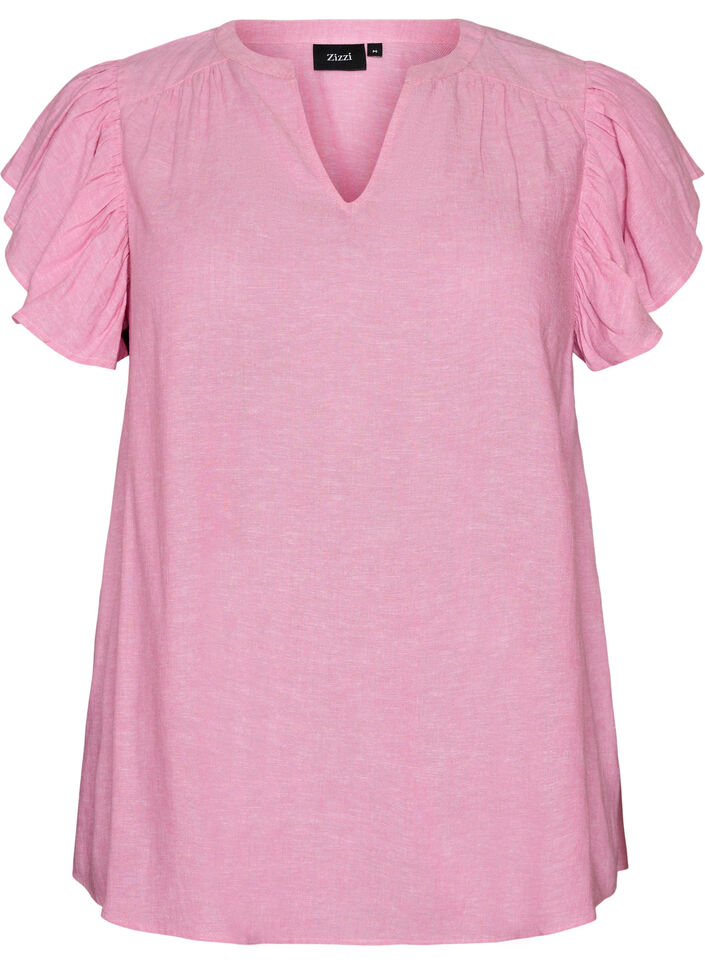 Viscose and linen blouse with ruffle sleeves, Pink, Packshot image number 0