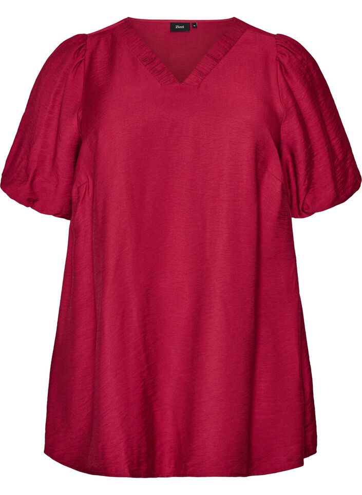 Tunic with balloon sleeves and a V-neck, Red, Packshot image number 0