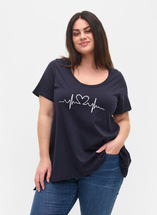 Short-sleeved cotton t-shirt with a-line, Night Sky Silv Heart, Model image number 0