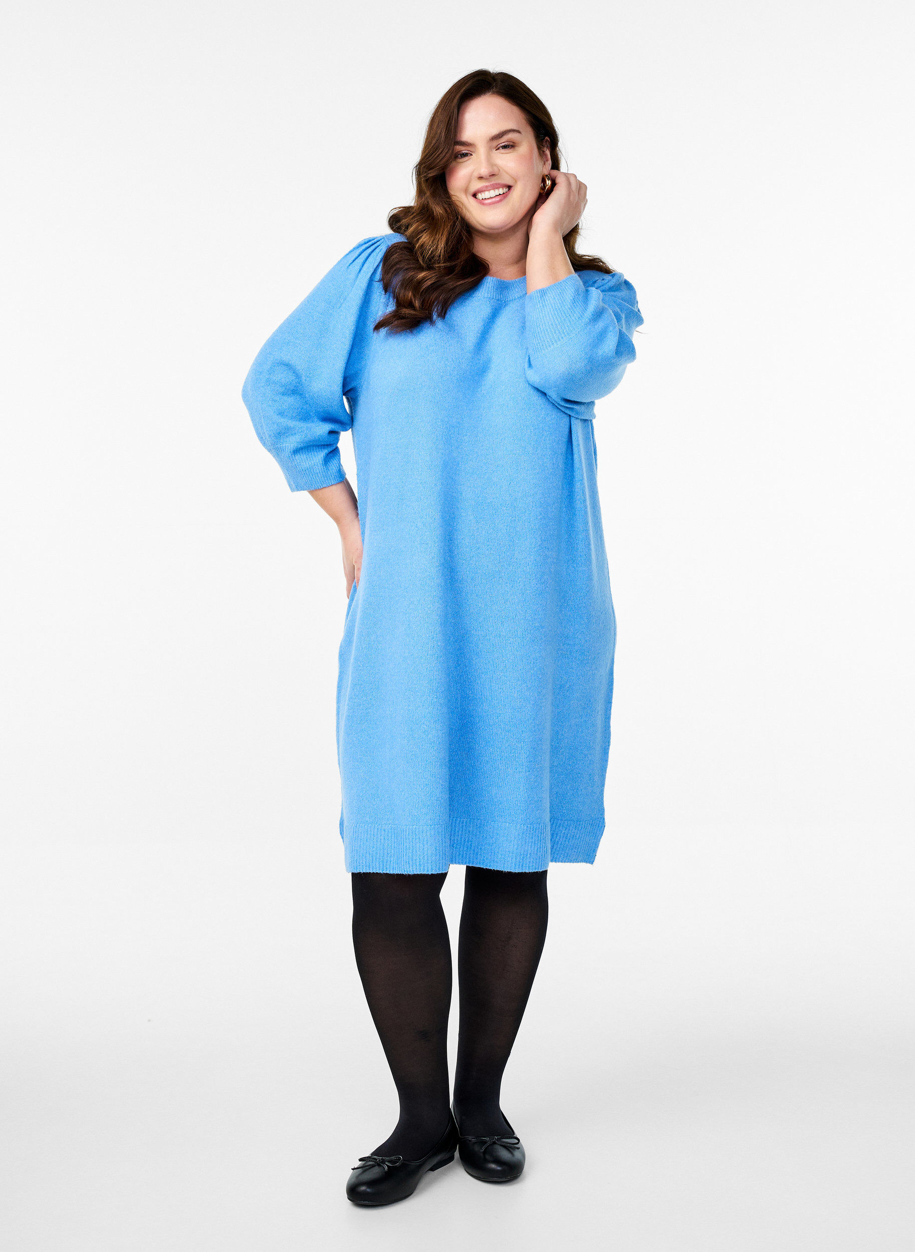 Zizzifashion Knitted dress with 3/4 sleeves and a round neck, D.R. Blue White Mel., Model image number 2