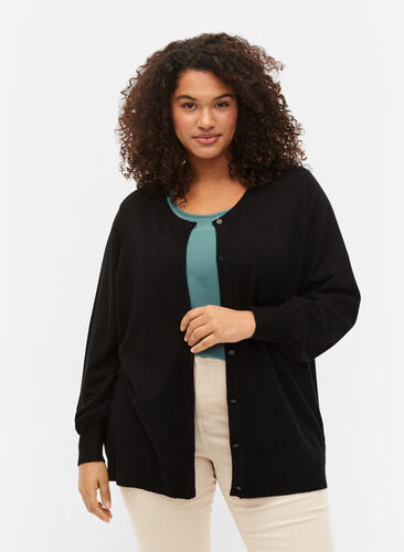Ribbed cardigan with button closure, Black, Model image number 0