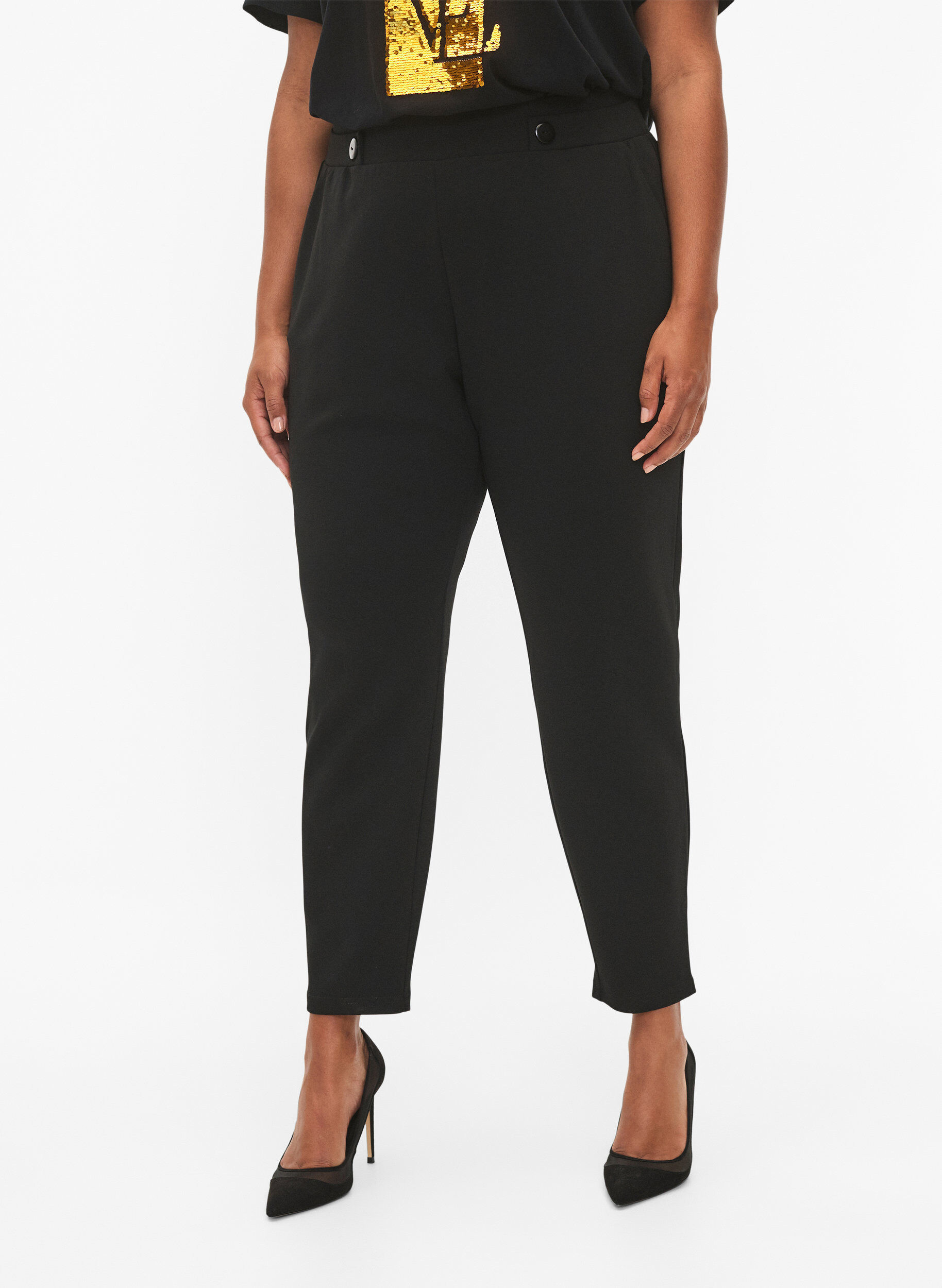 Zizzifashion Trousers with pockets and decorative buttons, Black, Model image number 2