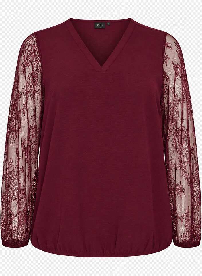Blouse with lace sleeves and balloon shape, Red, Packshot image number 0