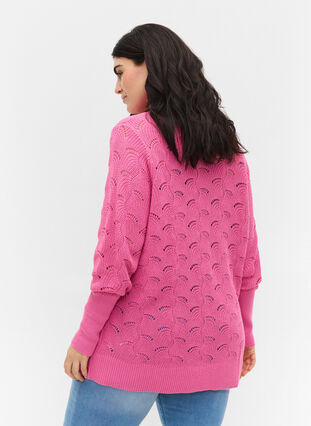 Patterned knitted blouse with puff sleeves, Wild Orchid, Model image number 1