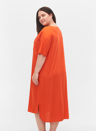 Short-sleeved viscose shirt dress, Mandarin Red, Model image number 1