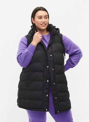 Long vest with hood and button closure, Black, Model image number 0