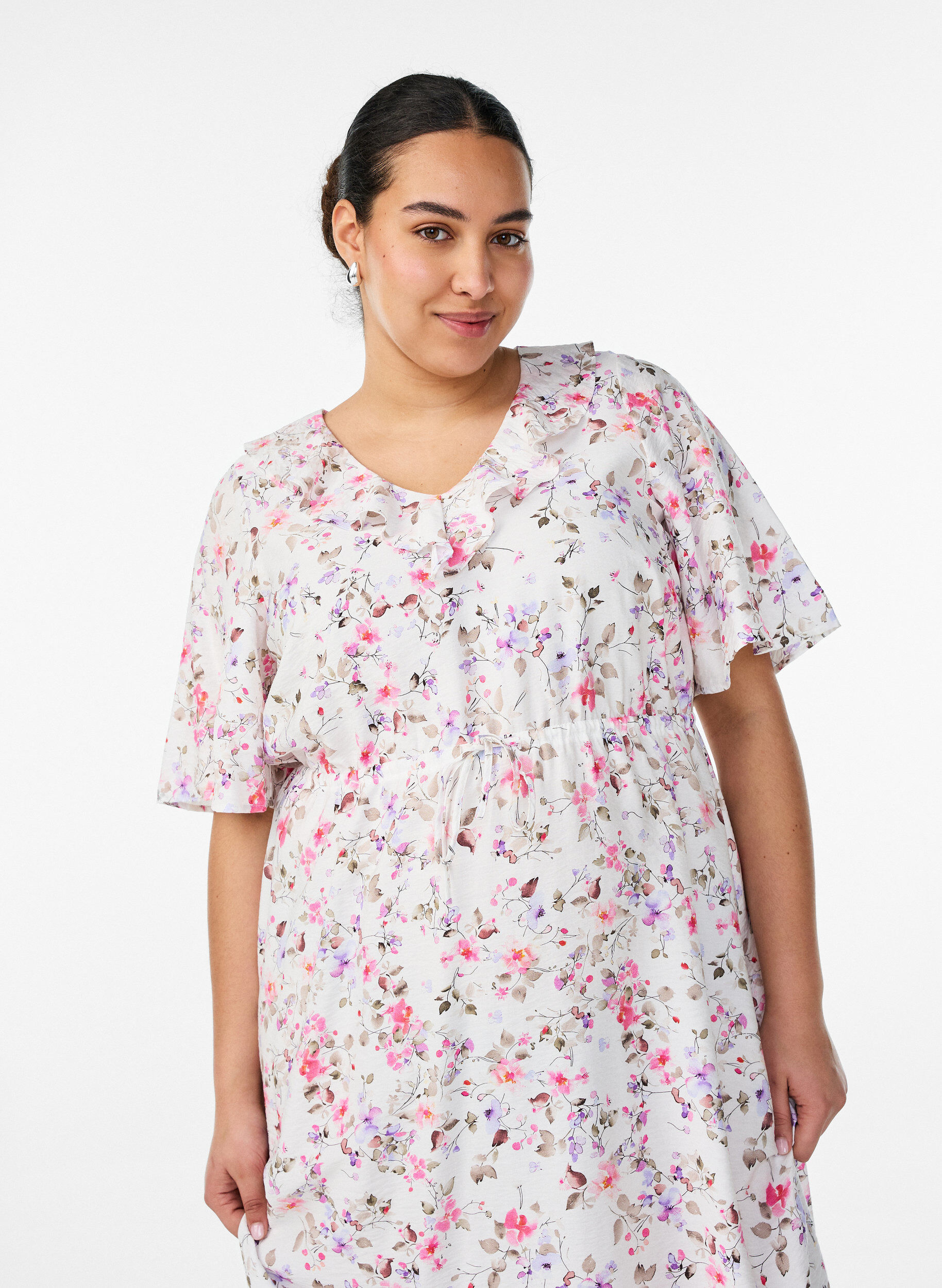 ZizzifashionViscose midi dress with a floral print and ruffle collar, Vanilla, Model image number 2