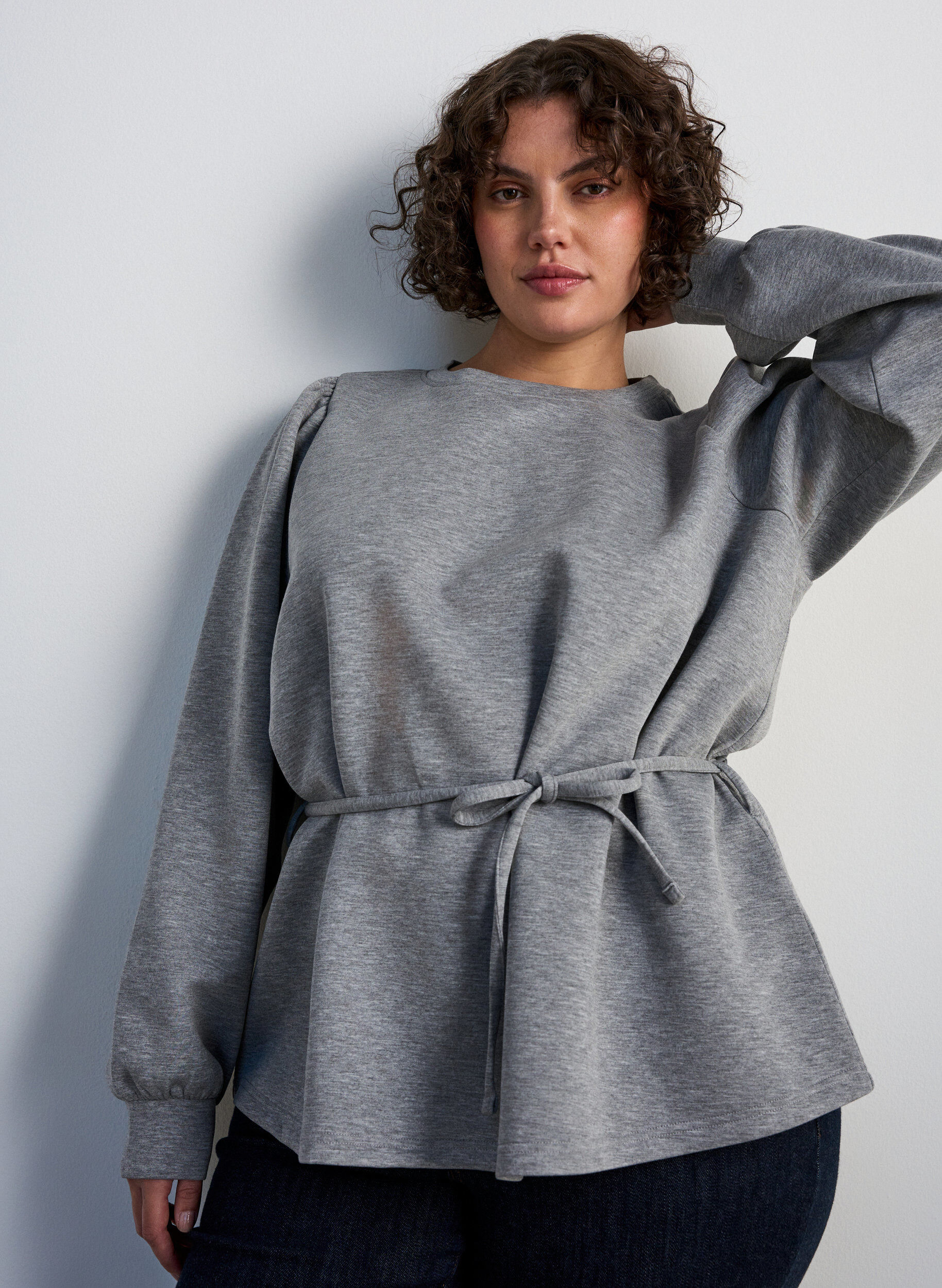 ZizzifashionBlouse with tie and puff sleeves, Grey, Model image number 0