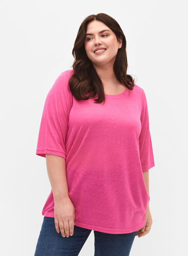 Blouse with 3/4 sleeves, Shocking Pink, Model image number 0