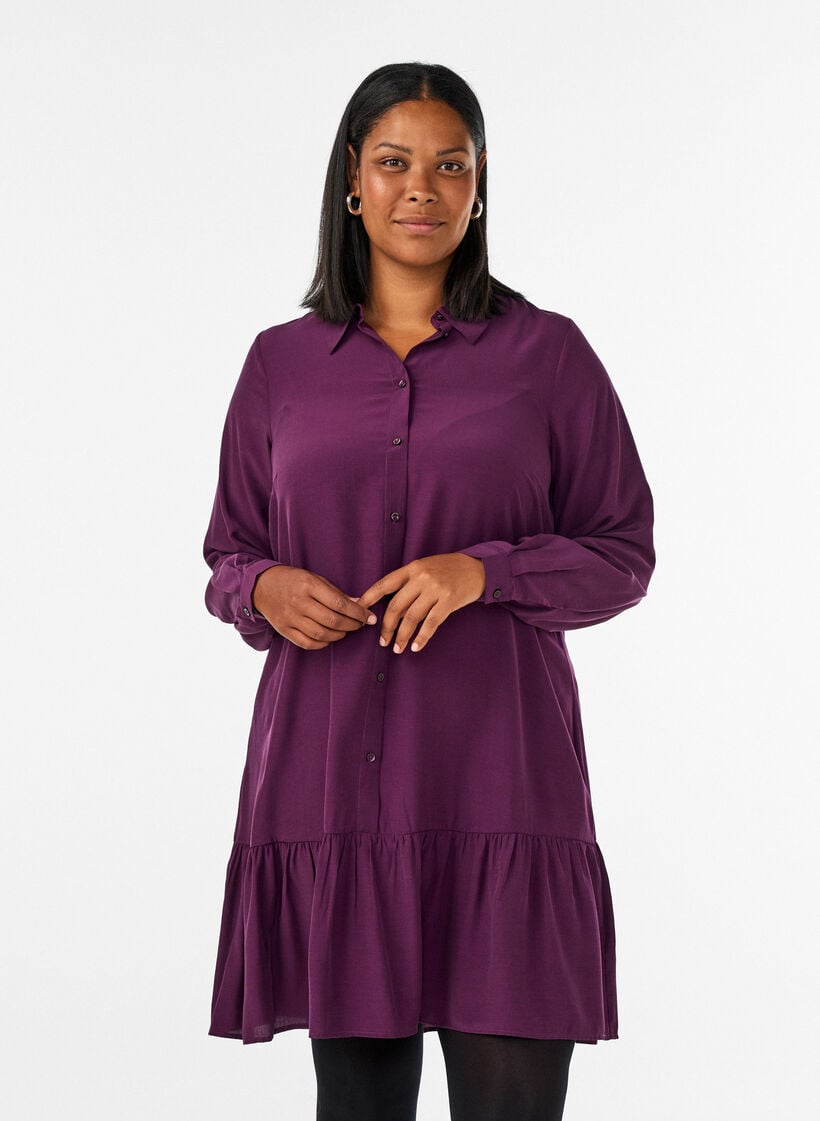 Short shirt dress with ruffle tier, Purple, Model image number 0