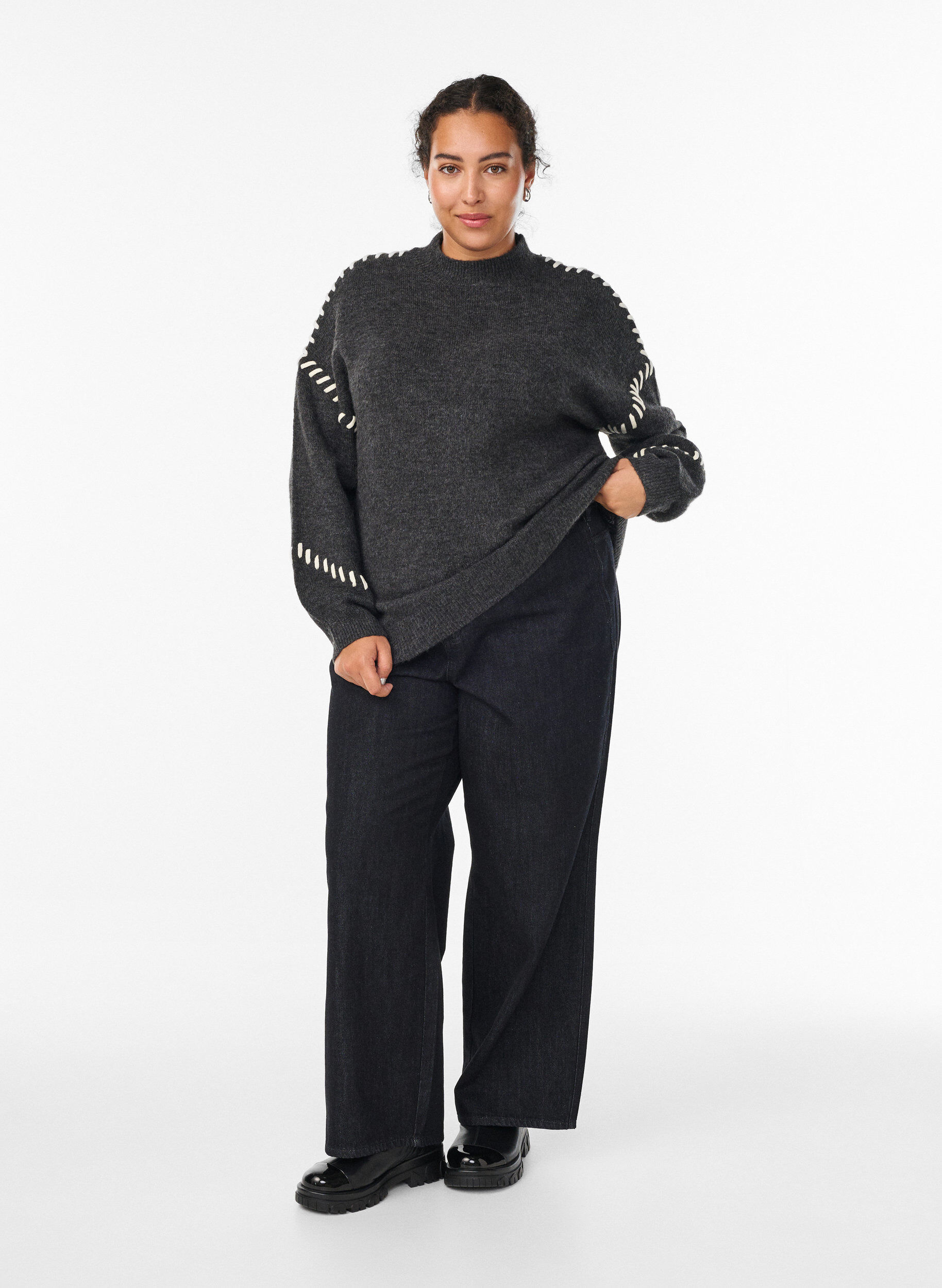 Zizzifashion Jumper with decorative stitching, Dark Grey, Model image number 1