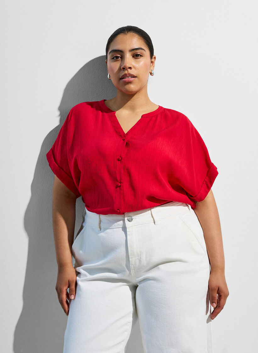 Viscose blouse with buttons and texture, Red, Image image number 0