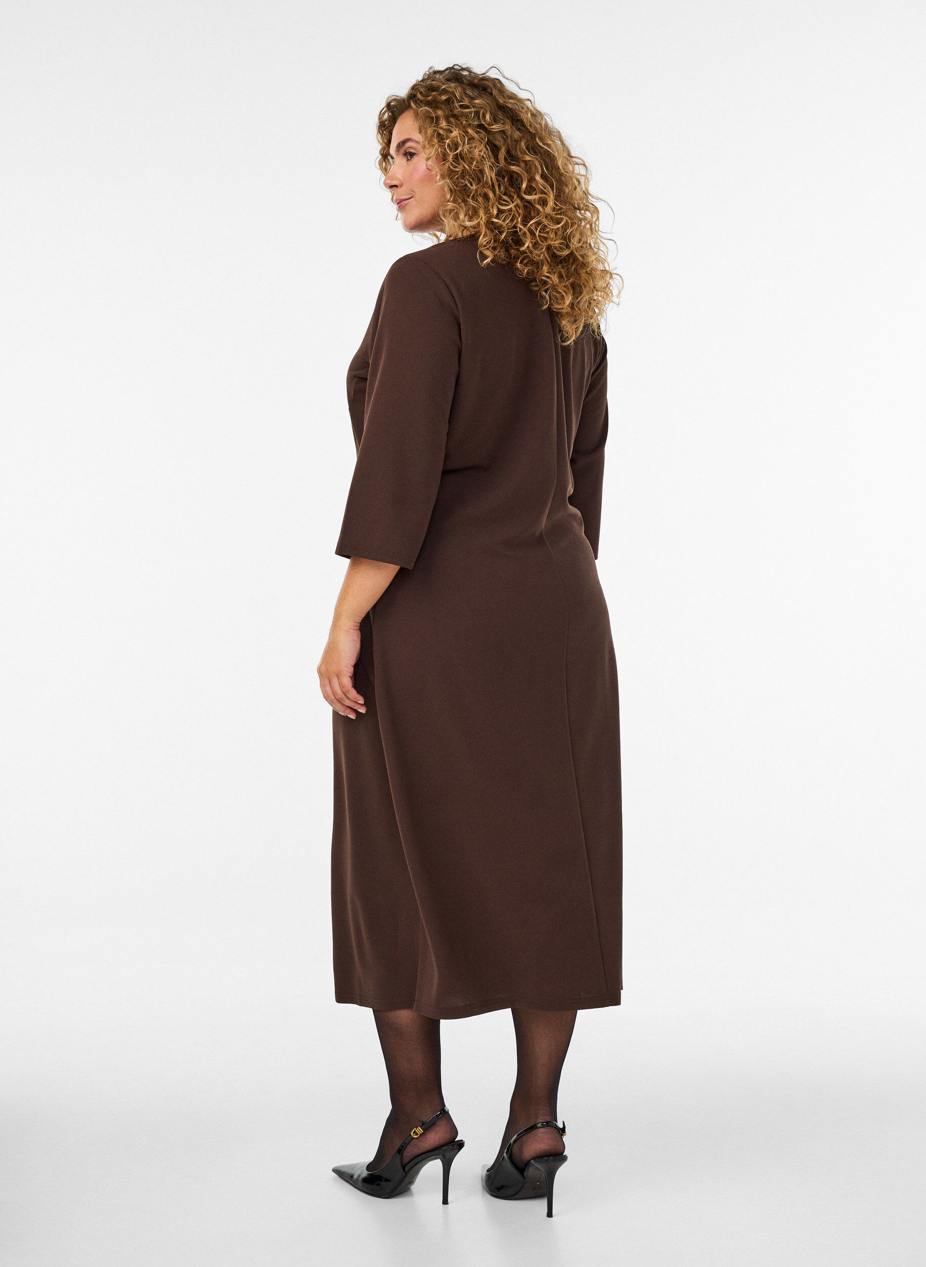 ZizzifashionJersey dress with draping and decorative buckle, Brown, Model image number 1