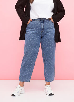 Cropped jeans with print and high waist, Blue denim, Model image number 2