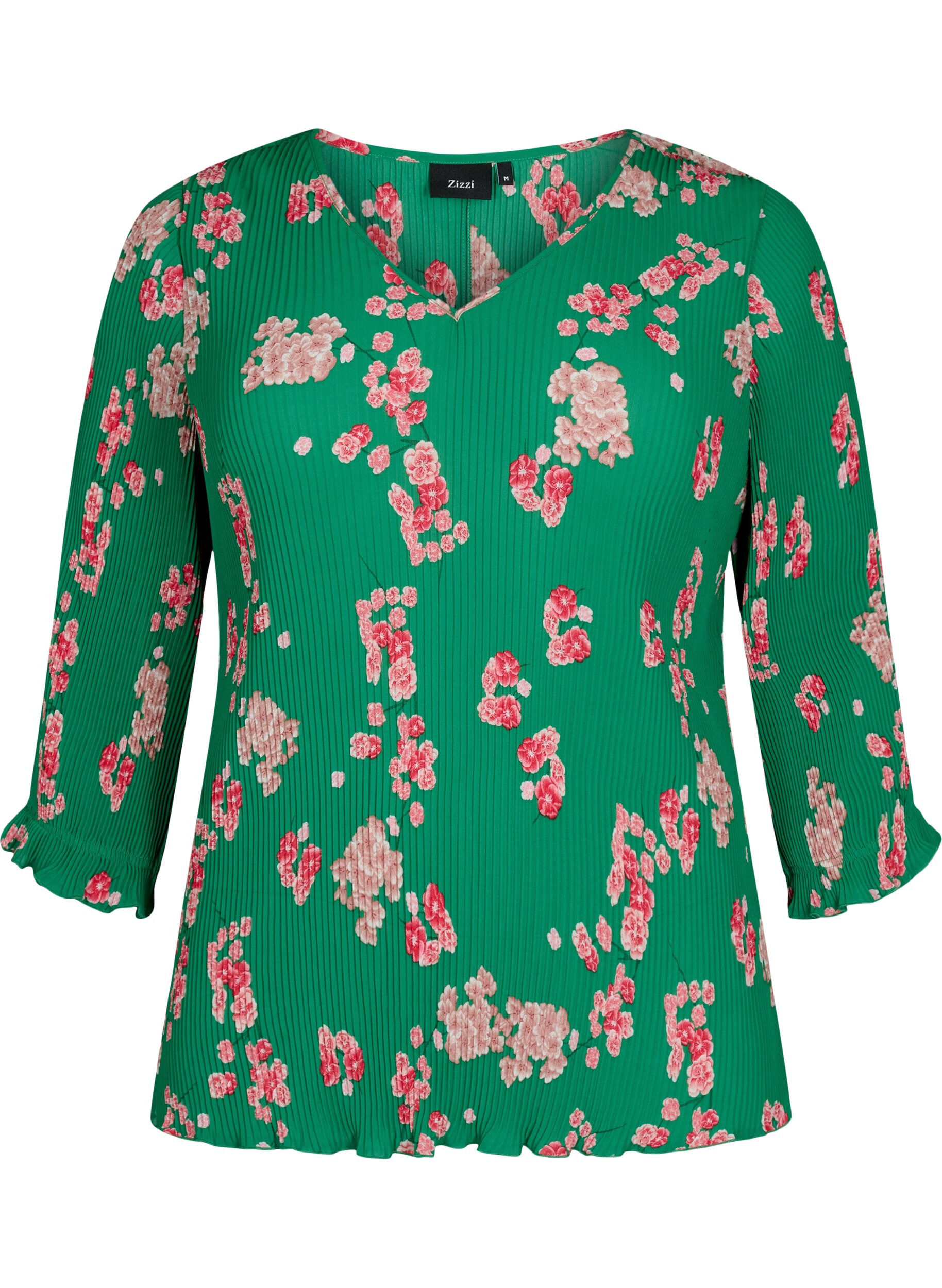 Zizzifashion Pleated top with 3/4 sleeves, Jolly Green Flower, Packshot image number 0