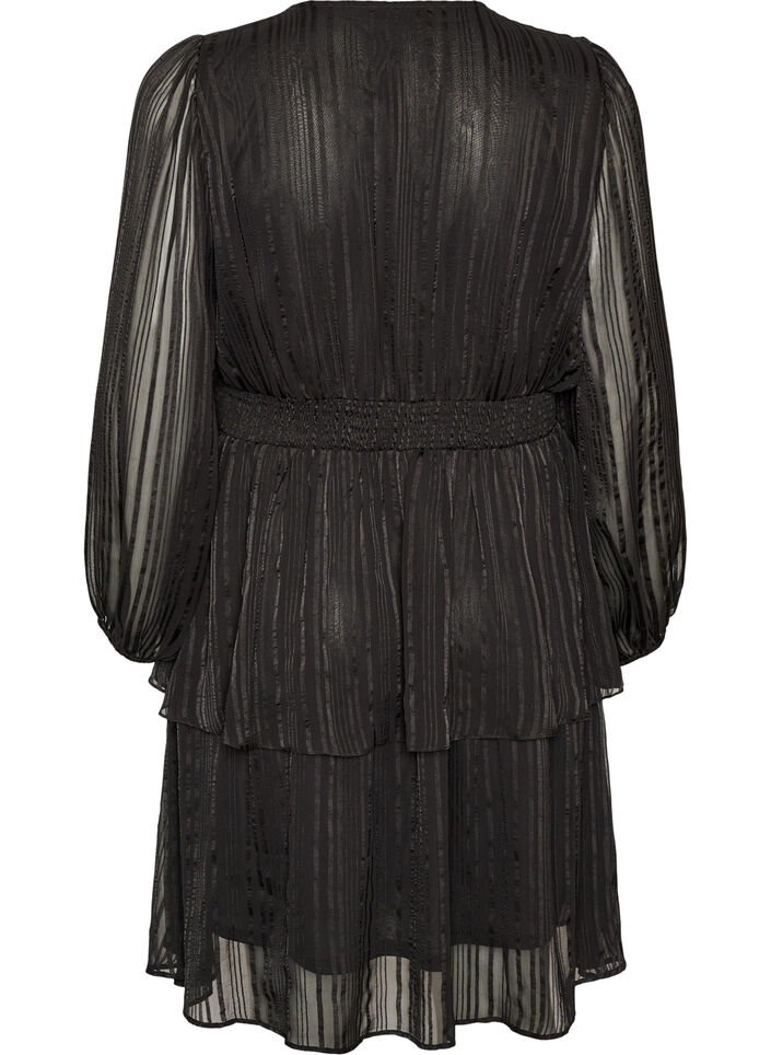 Knee-length dress with sheer stripes and wrap effect, Black, Packshot image number 1