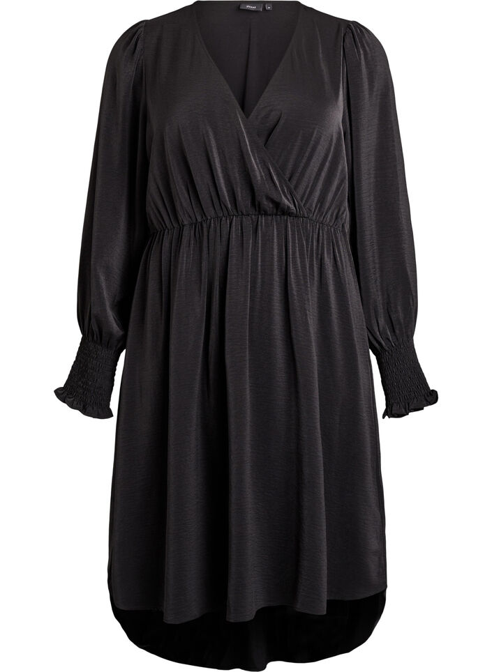 Midi dress with wrap-look and smock sleeves, Black, Packshot image number 0