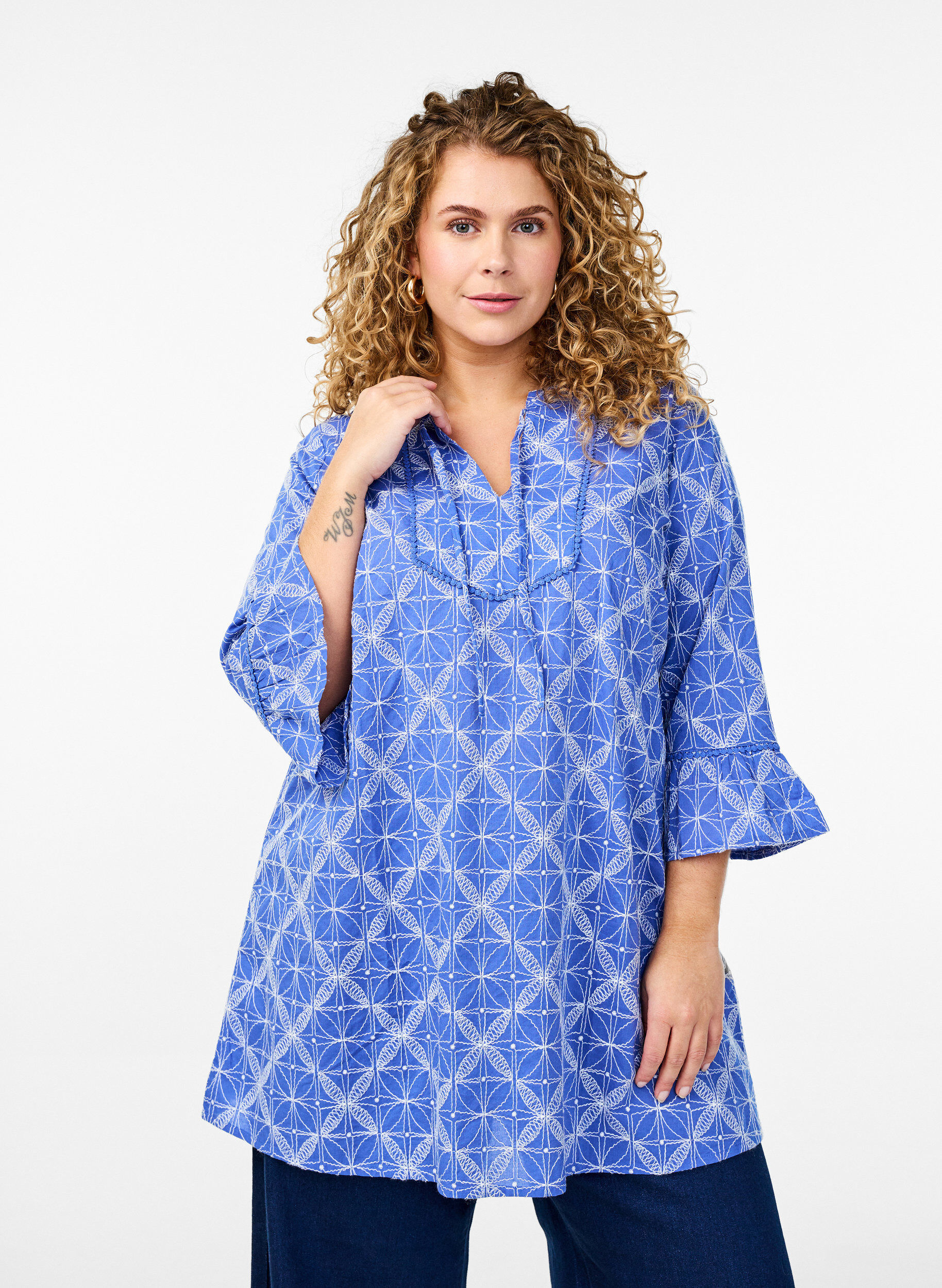 Zizzifashion Tunic with embroidery and tie detail, Blue, Model image number 0