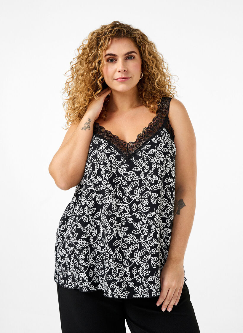 Lace top in viscose, Black w. Wh.Leaf AOP, Model image number 0