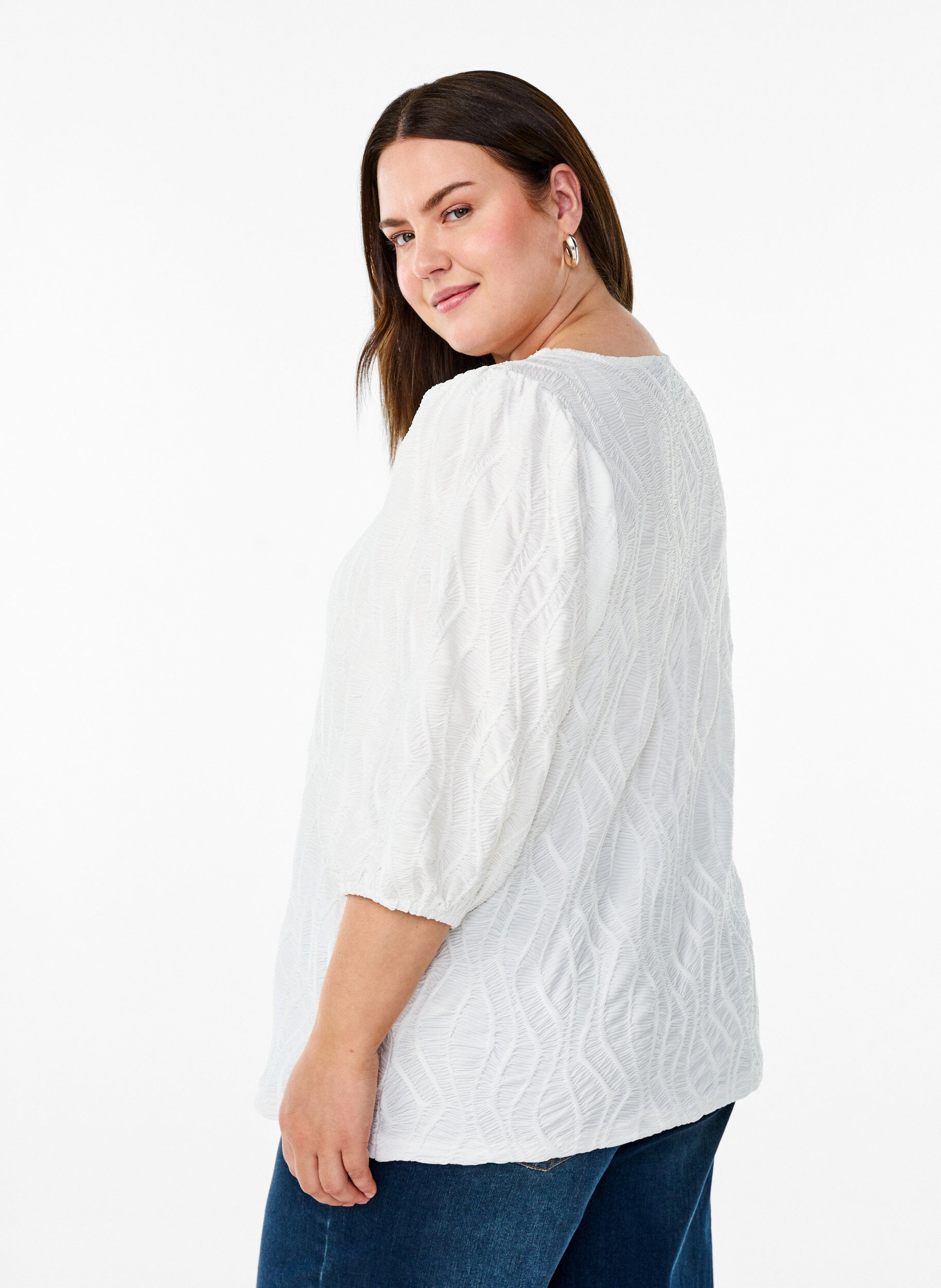 ZizzifashionBlouse with texture and 3/4 sleeves, White, Model image number 2