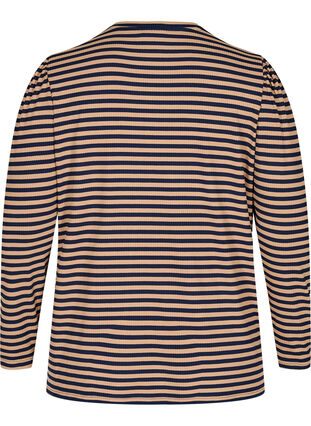 Striped viscose blouse with puff sleeves, Blue Camel Stripe, Packshot image number 1