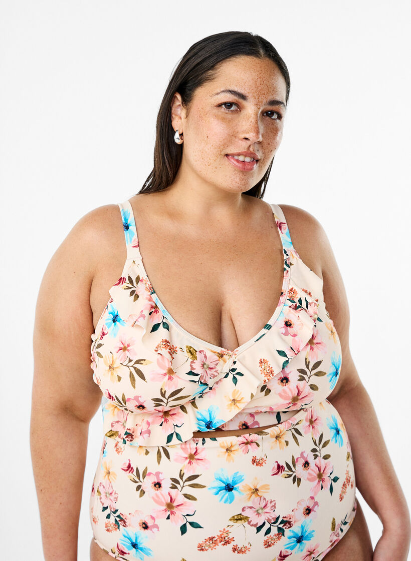 Floral bikini top with ruffle details, Beige, Model image number 0