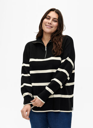 Pullover with stripes and high collar	, Black w. Birch, Model image number 0