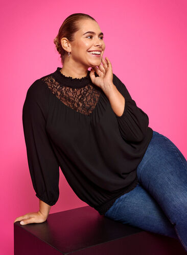 Top with lace and smock, Black, Model image number 0