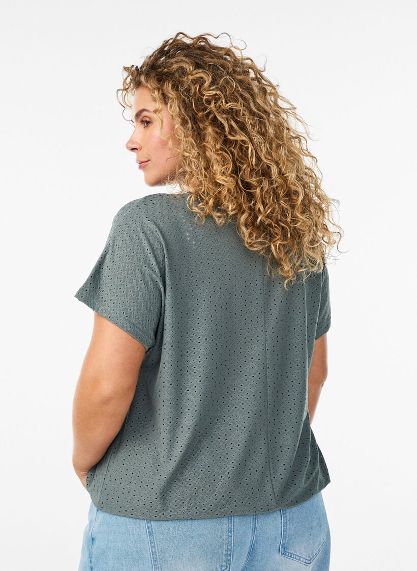 Blouse with eyelet embroidery and balloon-effect, Green, Model image number 2