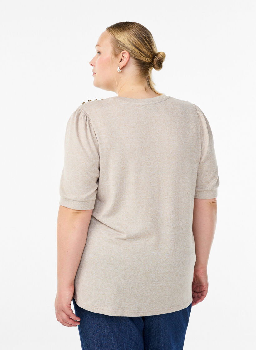 Blouse with button detail and short puff sleeves, Beige, Model image number 2