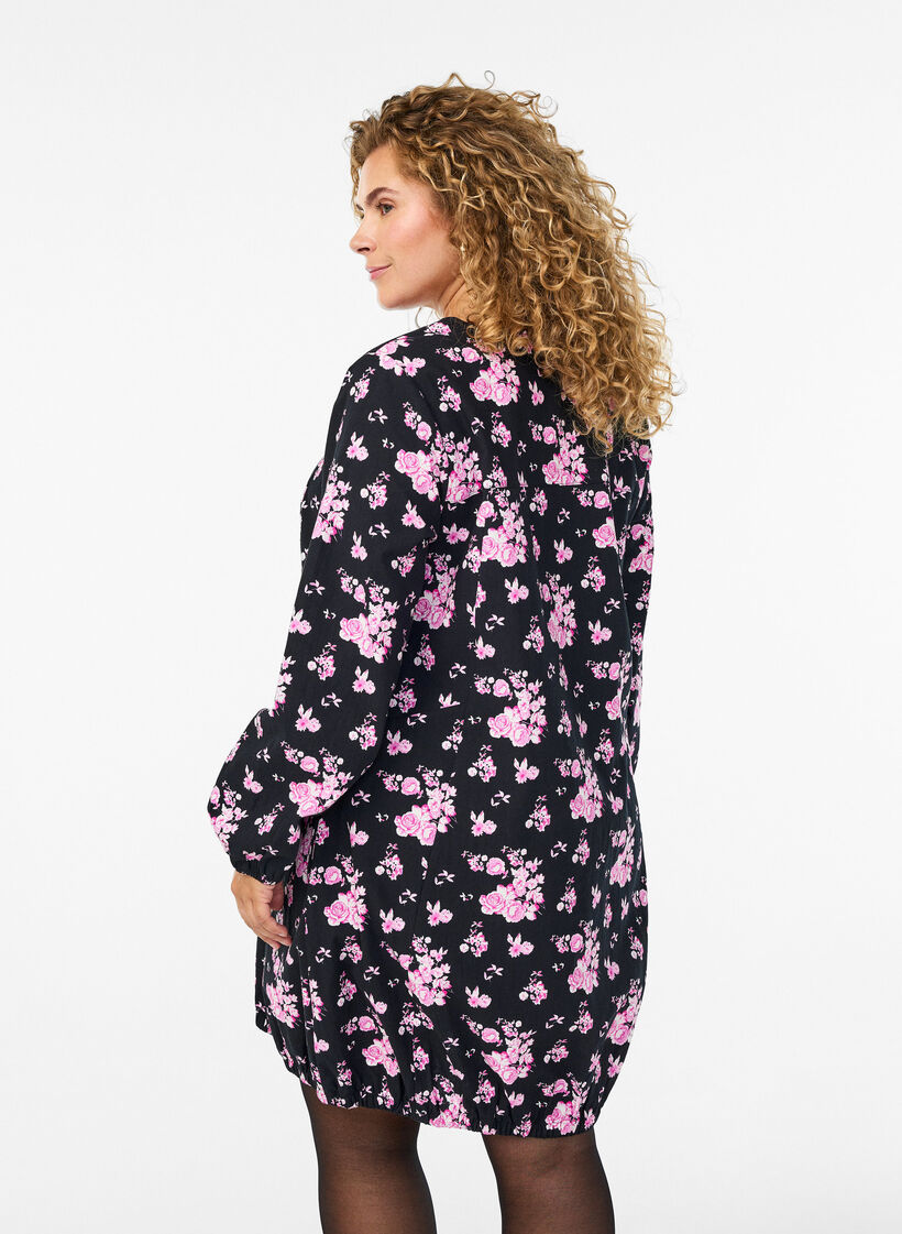 Short cotton dress with an elasticated hem and long sleeves, Black, Model image number 2