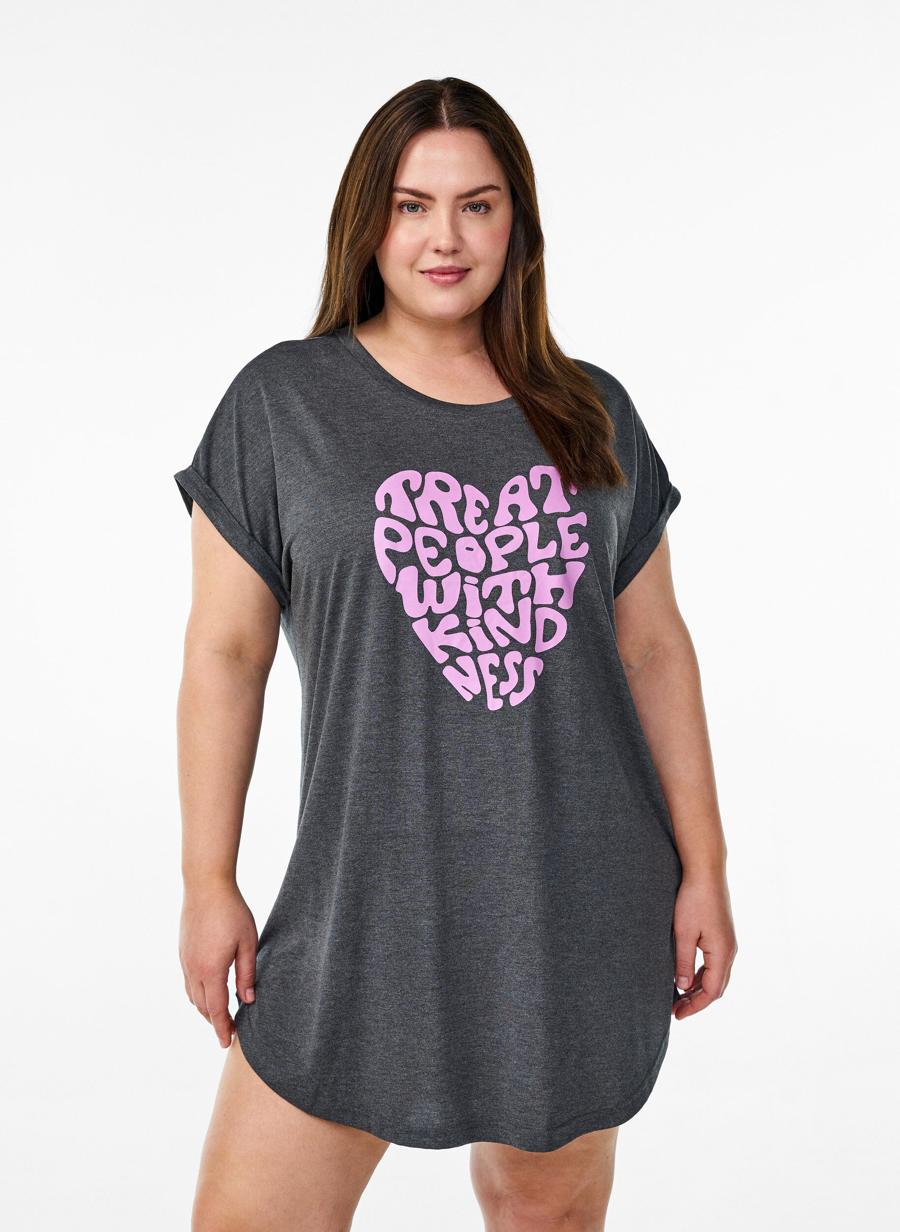 ZizzifashionShort sleeve nightgown with text print, Black, Model image number 0
