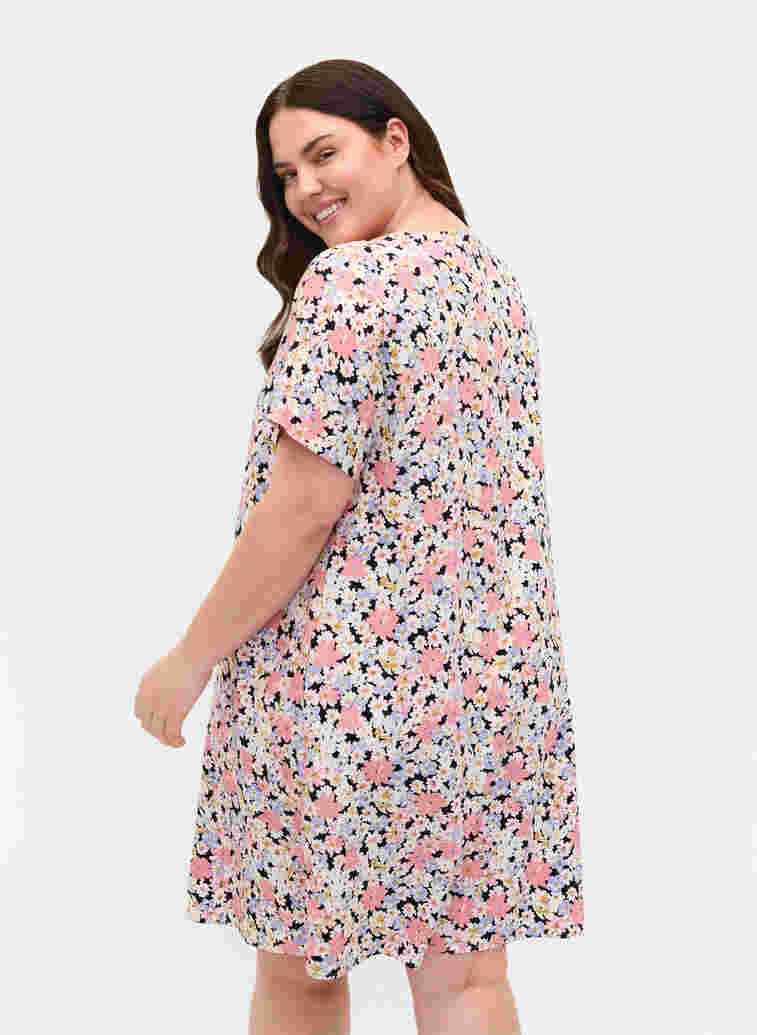 Short-sleeved floral viscose dress, Dusty Flower Mix, Model image number 1
