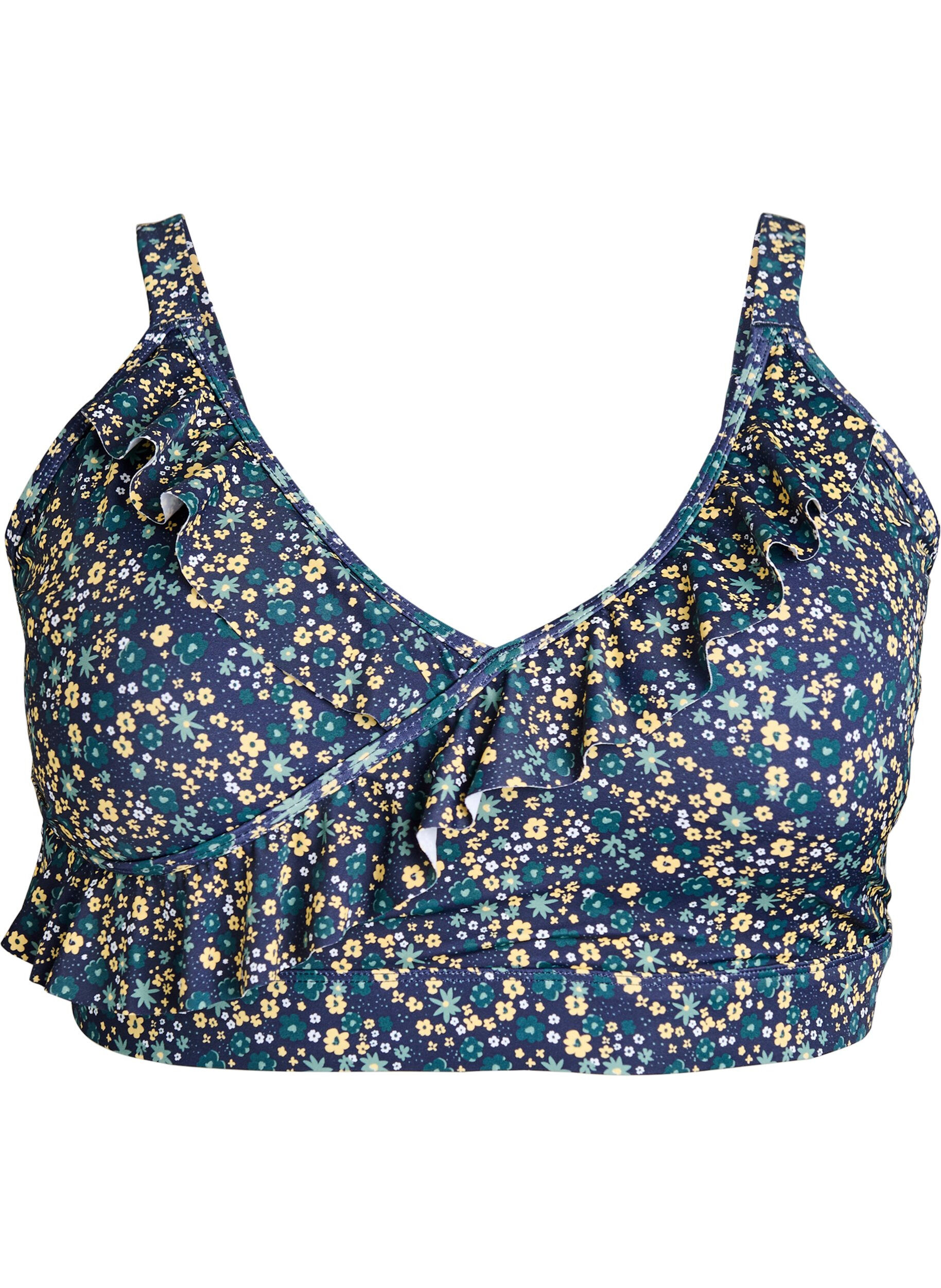 Zizzifashion Floral bikini top with ruffle detail, Petrol, Packshot image number 0