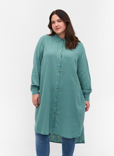 Long cotton shirt with a classic collar, Sagebrush Green, Model image number 0