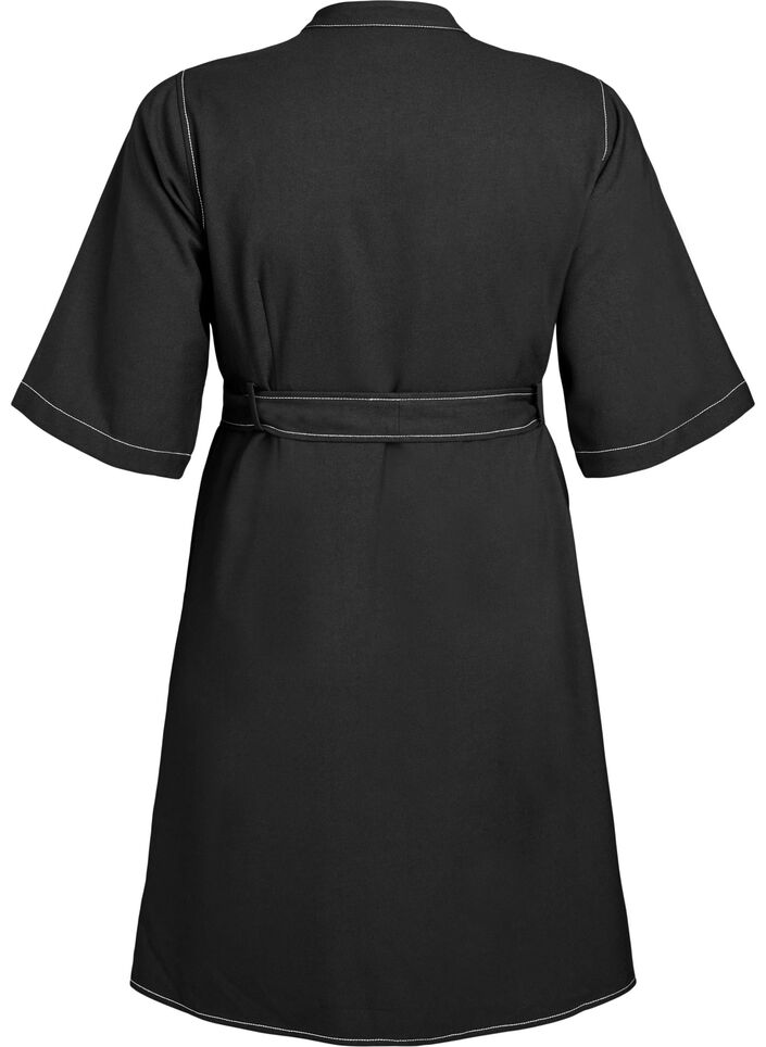 Short shirt dress with contrast stitching and tie belt, Black, Packshot image number 1
