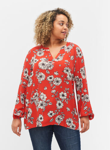 Long-sleeved floral viscose blouse, Fiery Red Flower AOP, Model image number 0