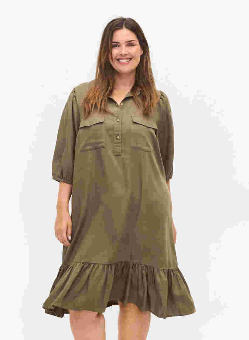 Dress with ruffle trim and 3/4 sleeves, Dusty Olive, Model image number 0