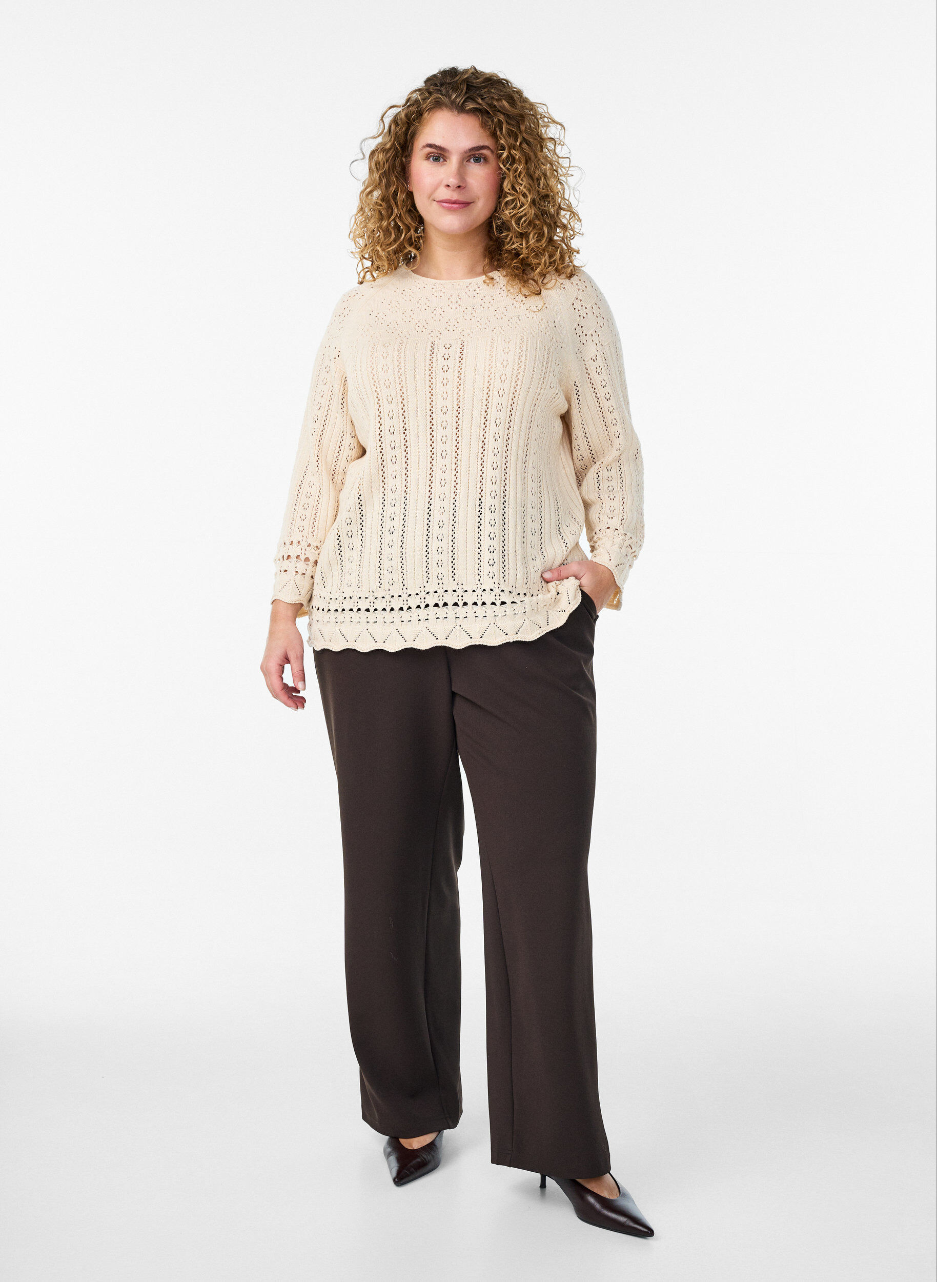Zizzifashion Knitted top with eyelet embroidery and 3/4 sleeves, Beige, Model image number 1