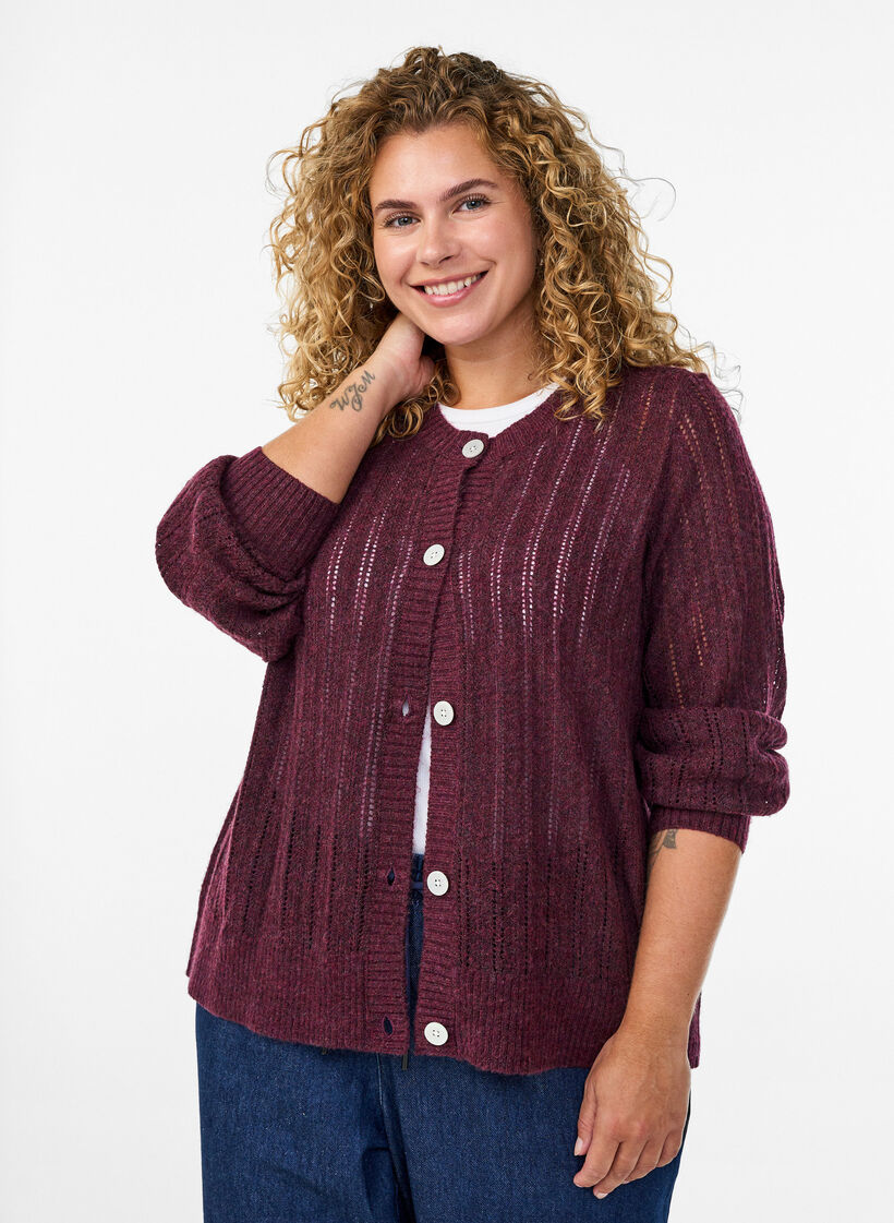 Knitted cardigan with openwork pattern, Dark Bordeaux, Model image number 0