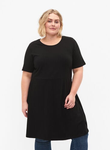 Solid cotton dress with short sleeves, Black, Model image number 0