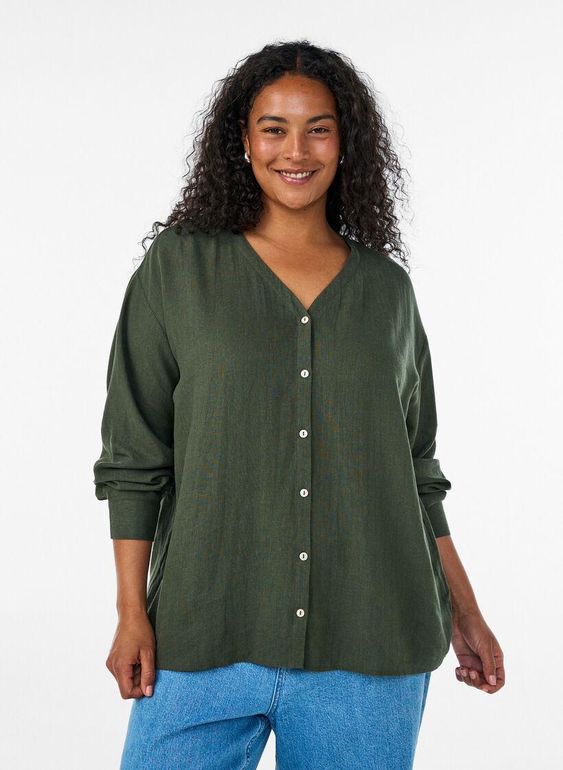 Blouse in linen and viscose with V-neck, Green, Model image number 0