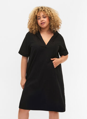 Cotton blend hooded dress with linen, Black, Model image number 0