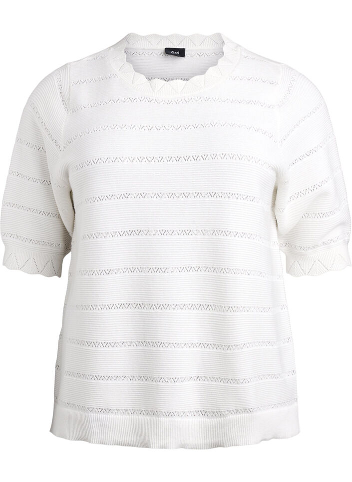 Knitted blouse with a striped openwork pattern and short sleeves, Vanilla, Packshot image number 0