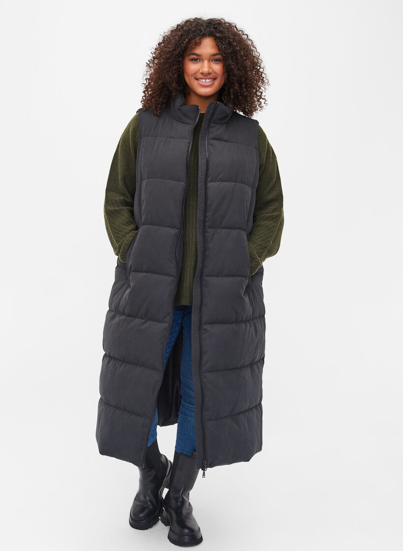 Long vest with high collar and pockets, Black, Model image number 0