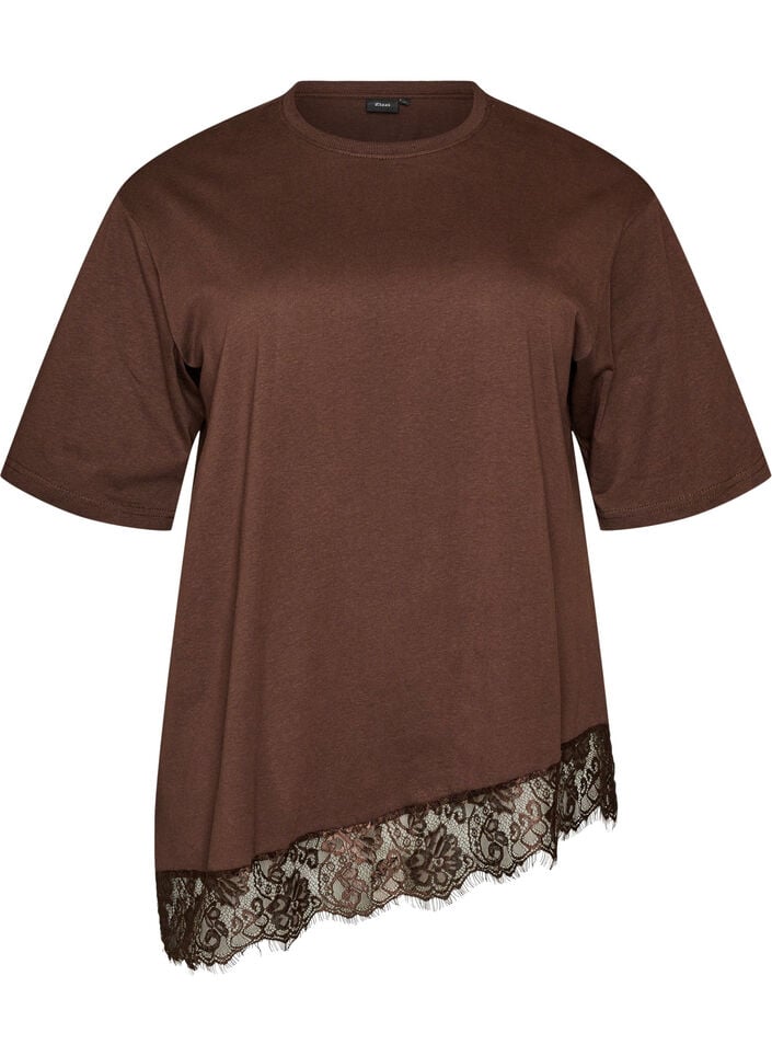 T-shirt with asymmetric lace hem, Brown, Packshot image number 0