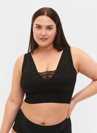 Seamless bra with lace detail, Black, Model image number 0
