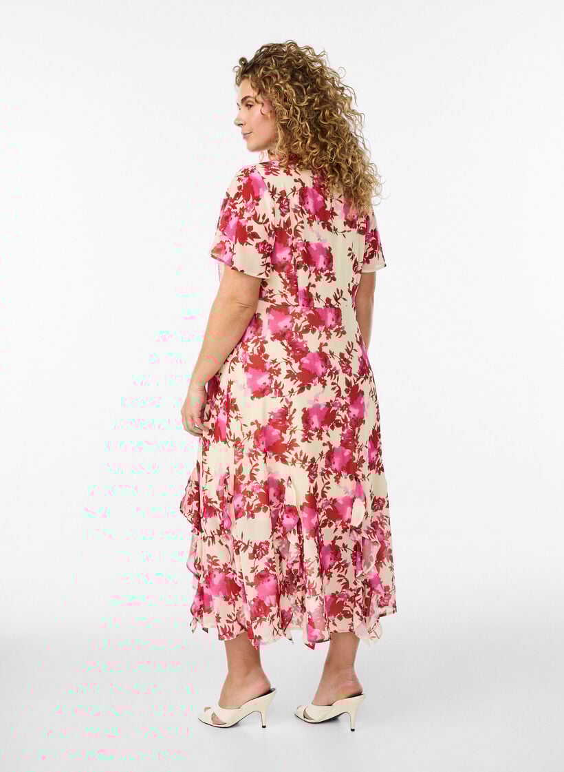 Floral chiffon dress with ruffle details and a V-neck, 9990, Model image number 1